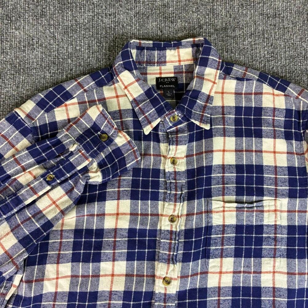 J.Crew Flannel Plaid Button Up Shirt Men’s Large Blue Cream Red Long Sleeve